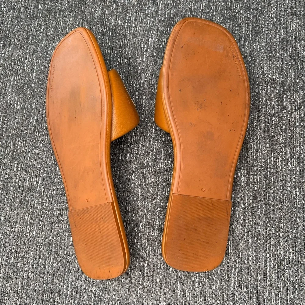 Tory Burch Tan Slide Sandals with Embossed Detailing. #30